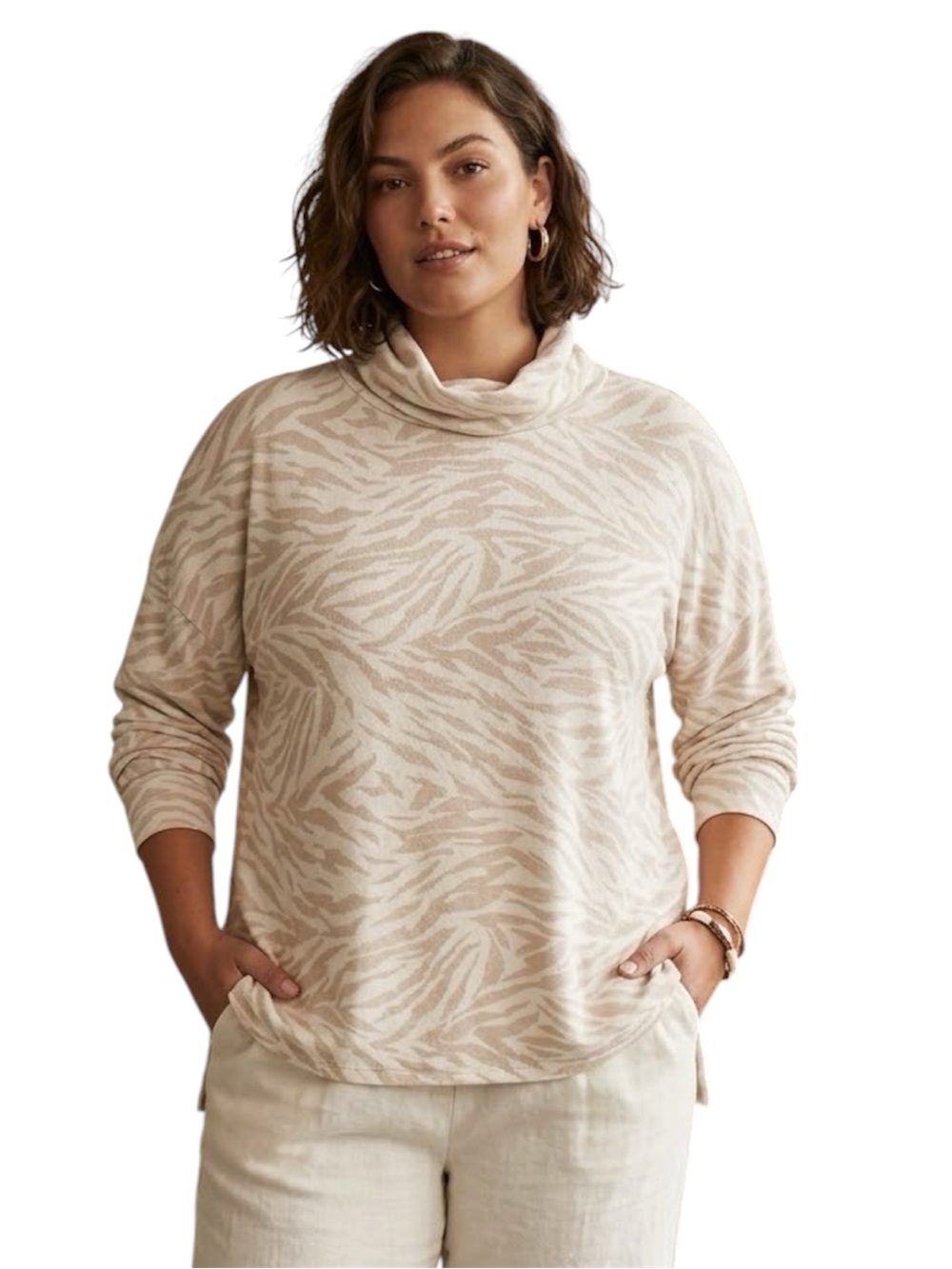 Anthropologie Judy Cream Zebra Animal Print Cowl Neck Pullover Top Size Xlarge